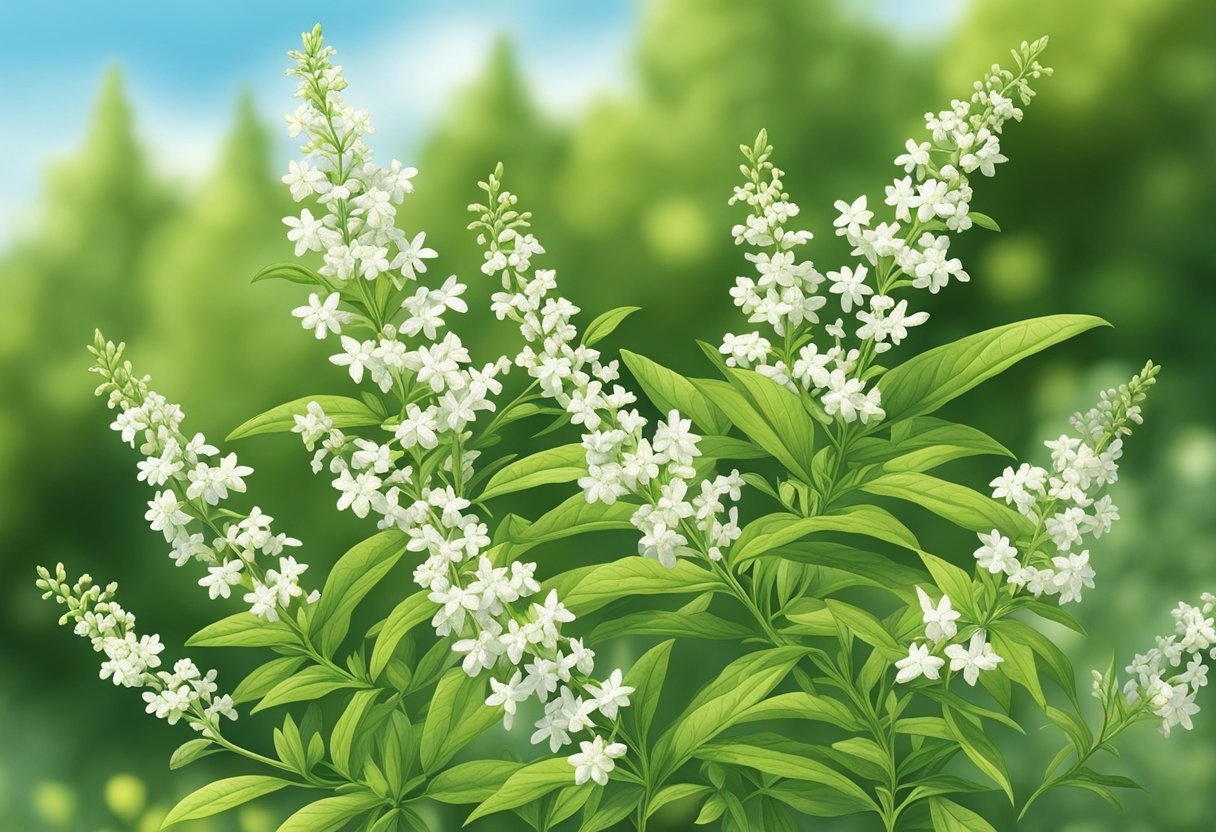 Lemon verbena grows in a sunny garden, its long, slender leaves reaching towards the sky. Small clusters of delicate white flowers bloom at the tips of the branches, emitting a sweet, citrusy fragrance
