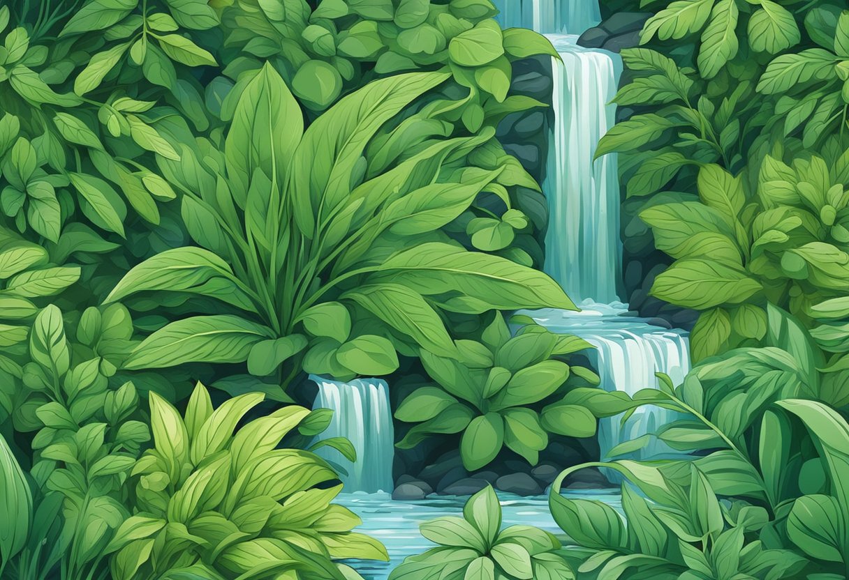 Water cascades onto lush green herbs, nourishing them with a gentle rhythm