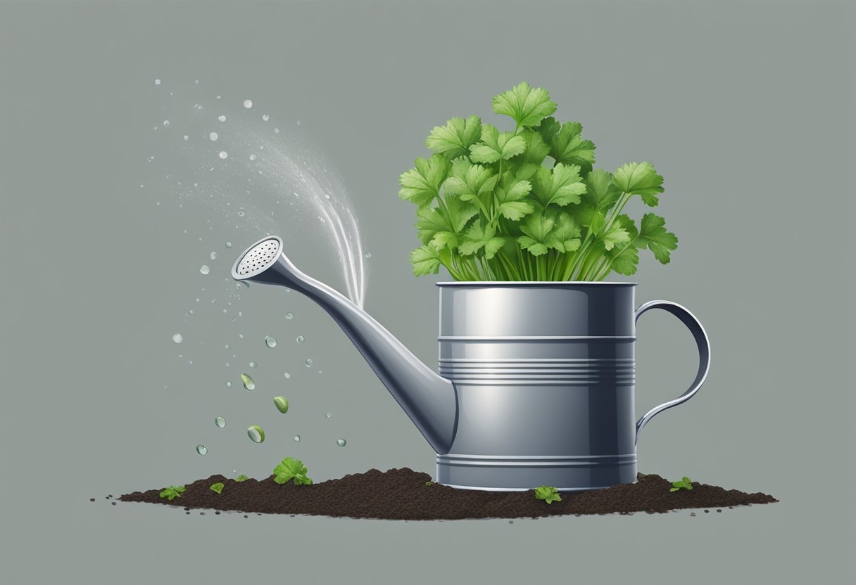 A watering can pours water onto a pot of parsley, the soil absorbing the moisture