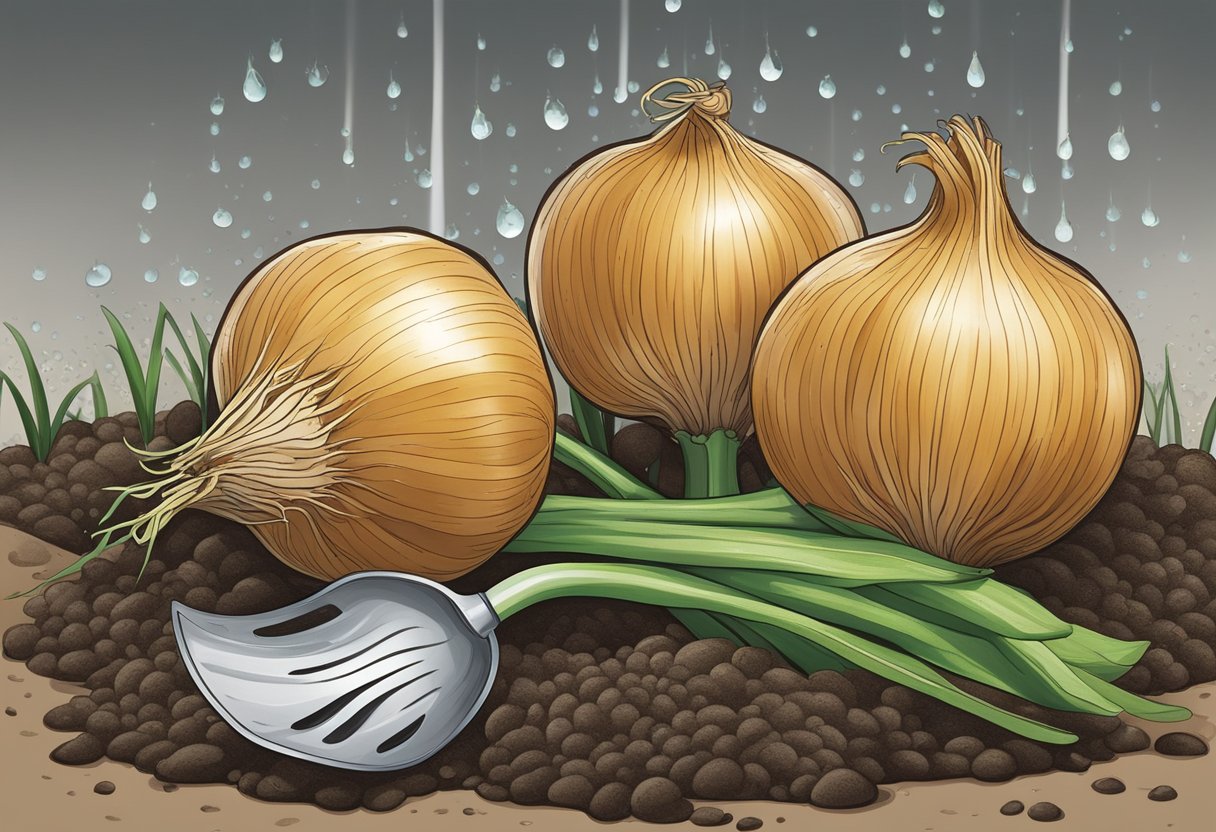 Onions surrounded by moist soil, with water droplets on their leaves, next to a watering can