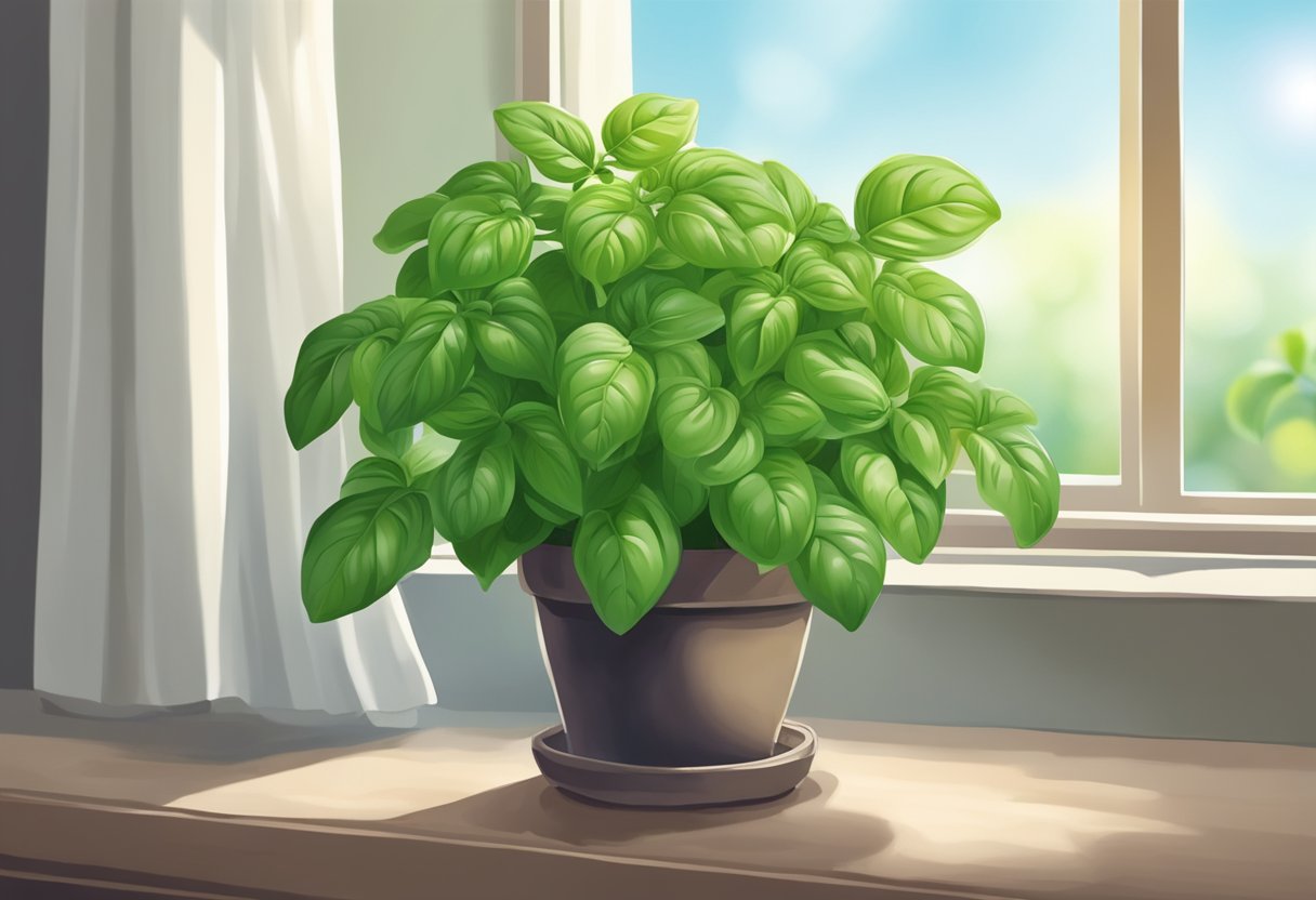 A basil plant sits in a sunny spot near a window, watered regularly with well-drained soil and trimmed to encourage growth