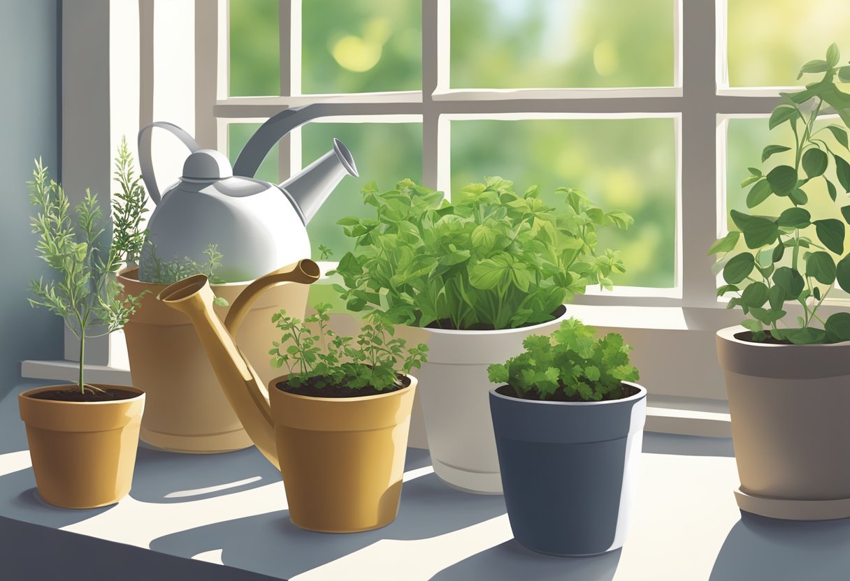 The herbs are in small pots on a sunny windowsill. A watering can is nearby, and the soil looks dry