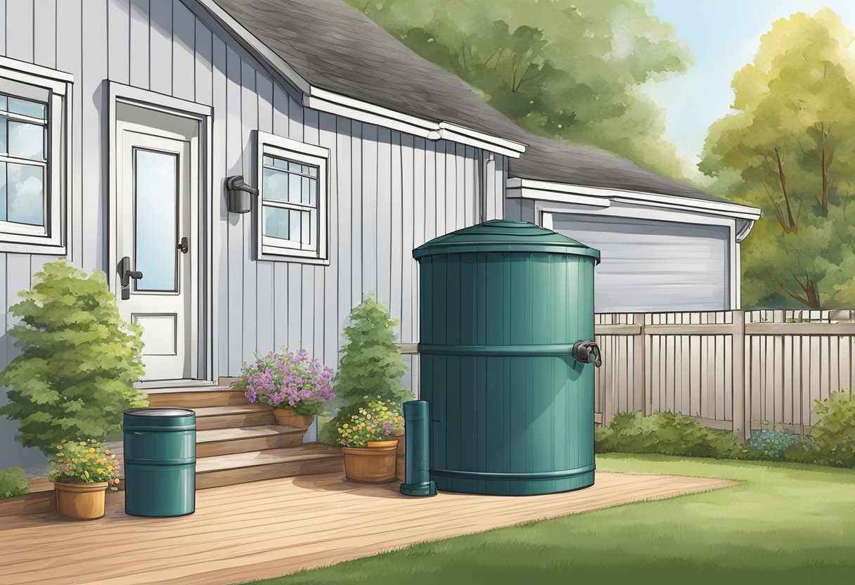 A rain barrel sits outside, collecting water from the downspout. It is full, with a spigot at the bottom and a mesh screen on top
