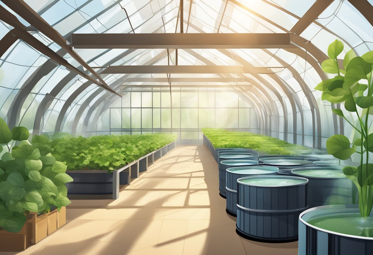 Sunlight filters through plastic panels onto barrels of water, absorbing heat. Tubes circulate the warm water through the greenhouse, keeping plants cozy in winter