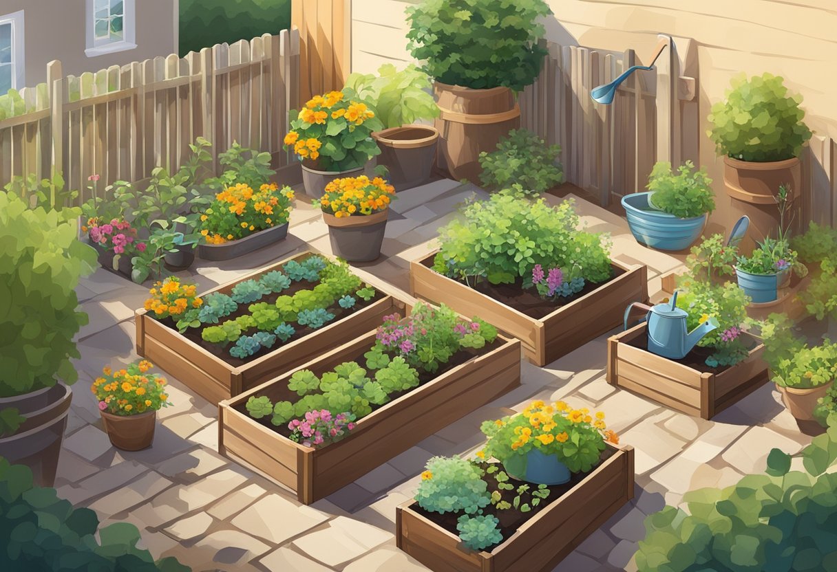 A sunny backyard with raised garden beds, pots of various sizes, and a watering can. Tools like a trowel, gloves, and seed packets are scattered around