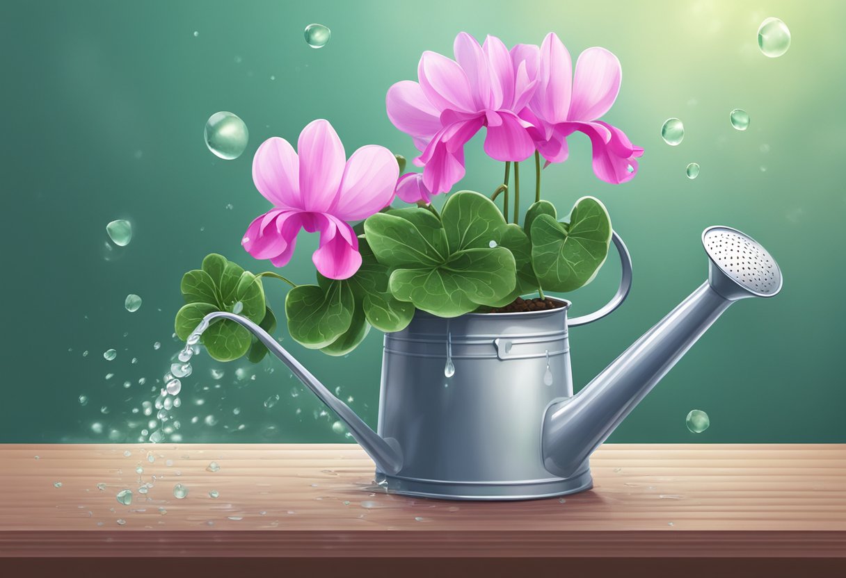 A watering can pours water onto a potted cyclamen plant, the droplets glistening on the leaves and petals