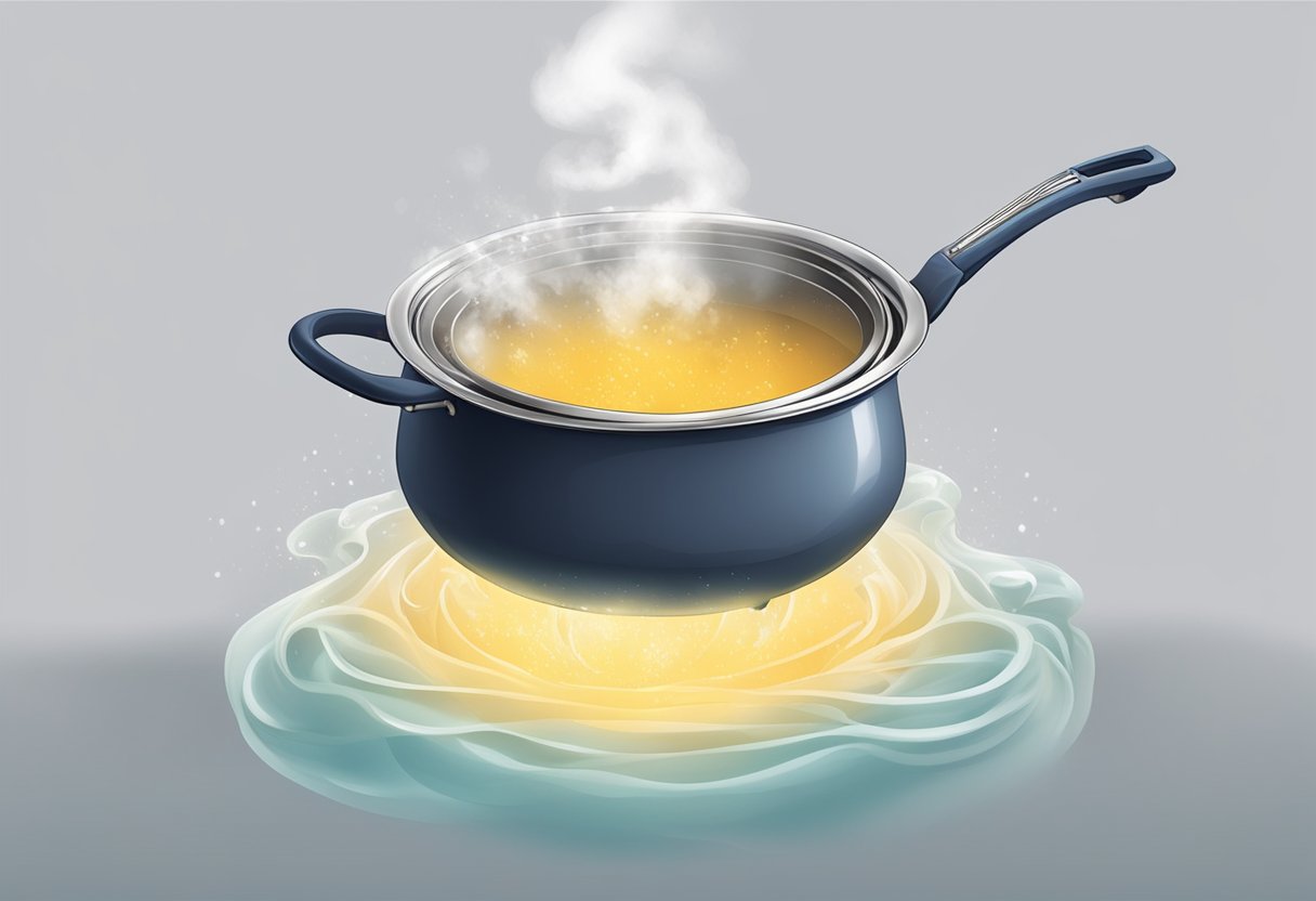 A pot submerged in boiling water, steam rising, tongs nearby