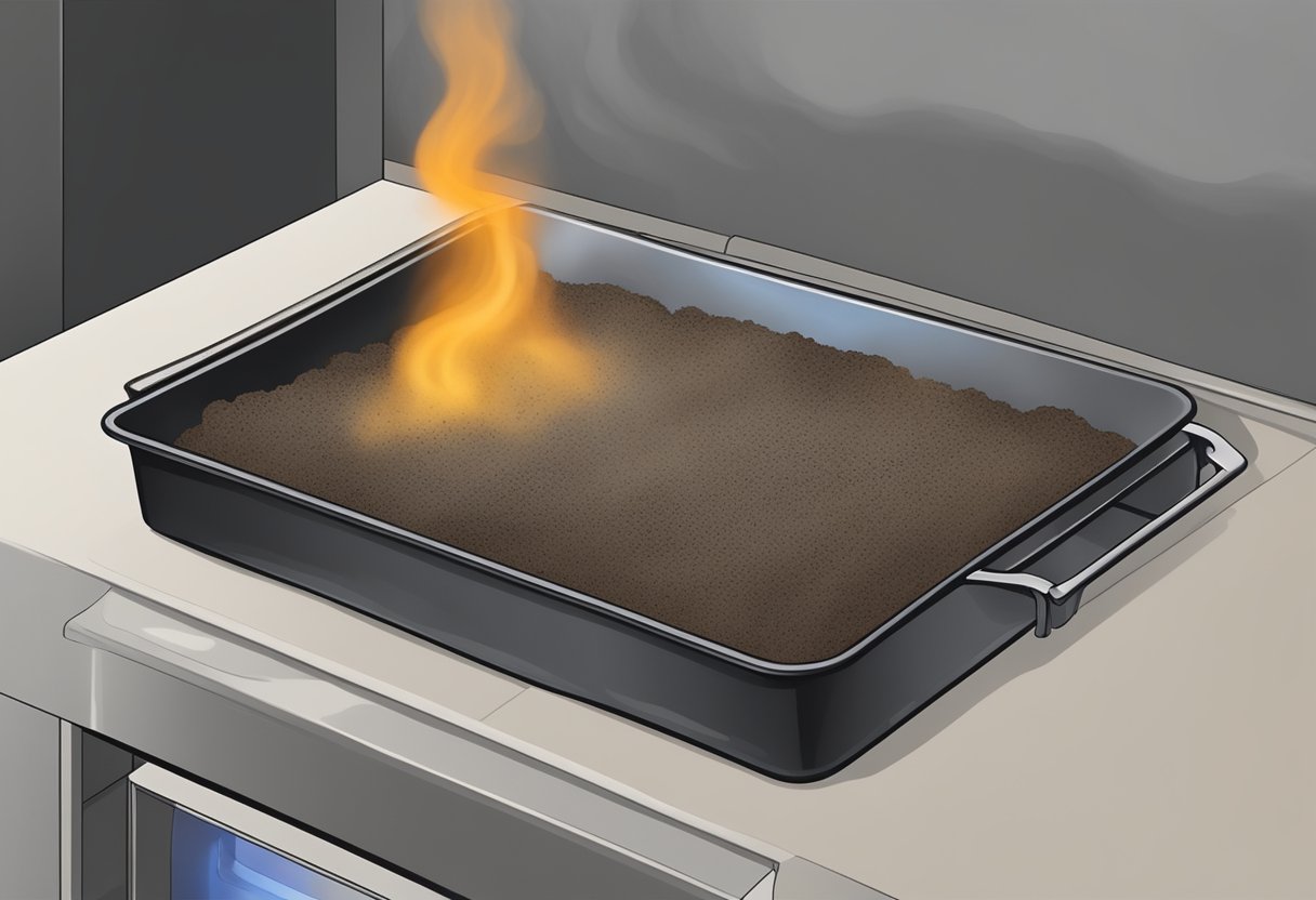 Soil in a metal tray, placed in an oven, set at 200°F for 30 minutes. Smoke rising from the tray as the soil sterilizes