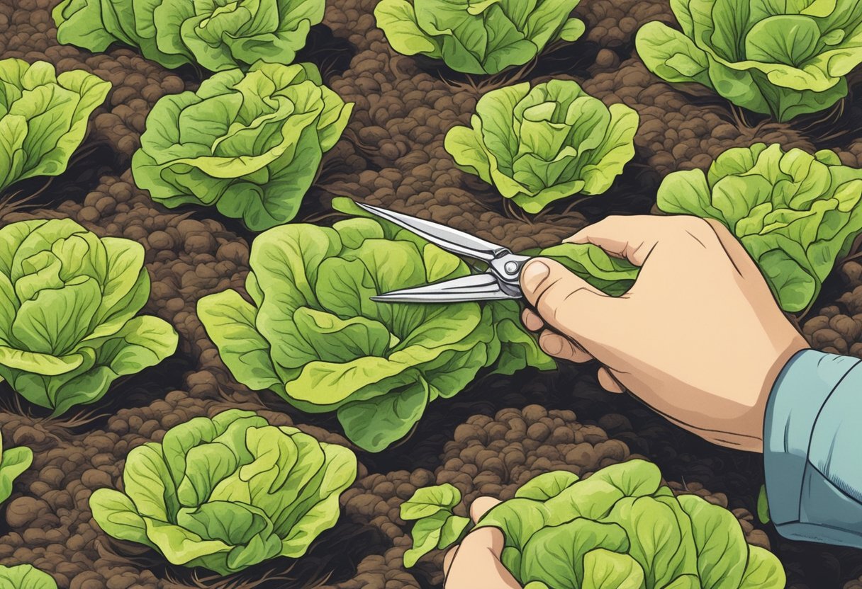 Lettuce seedlings being gently thinned with small scissors in a garden bed