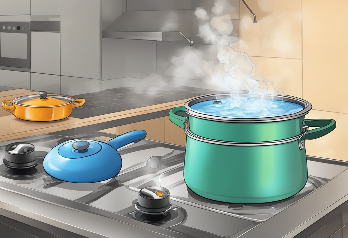 A pot submerged in boiling water, steam rising. A pair of tongs holding the pot. A timer set for 10 minutes
