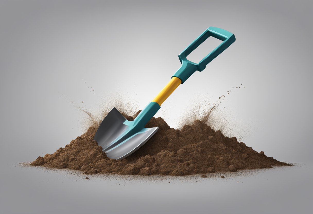 A shovel pierces hard soil, breaking it into chunks