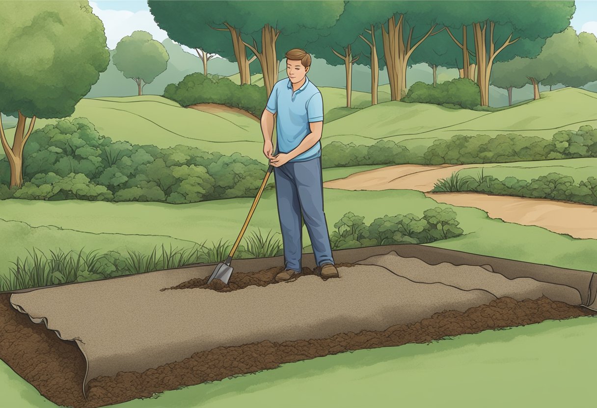 A person pulls up landscape fabric from the ground, revealing soil underneath