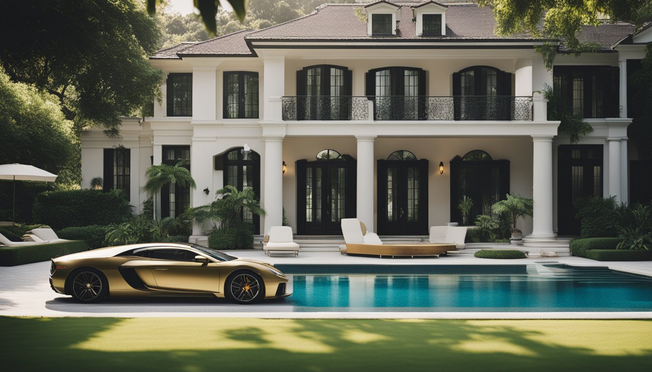 A luxurious mansion with expensive cars parked outside, surrounded by lush greenery and a sparkling swimming pool