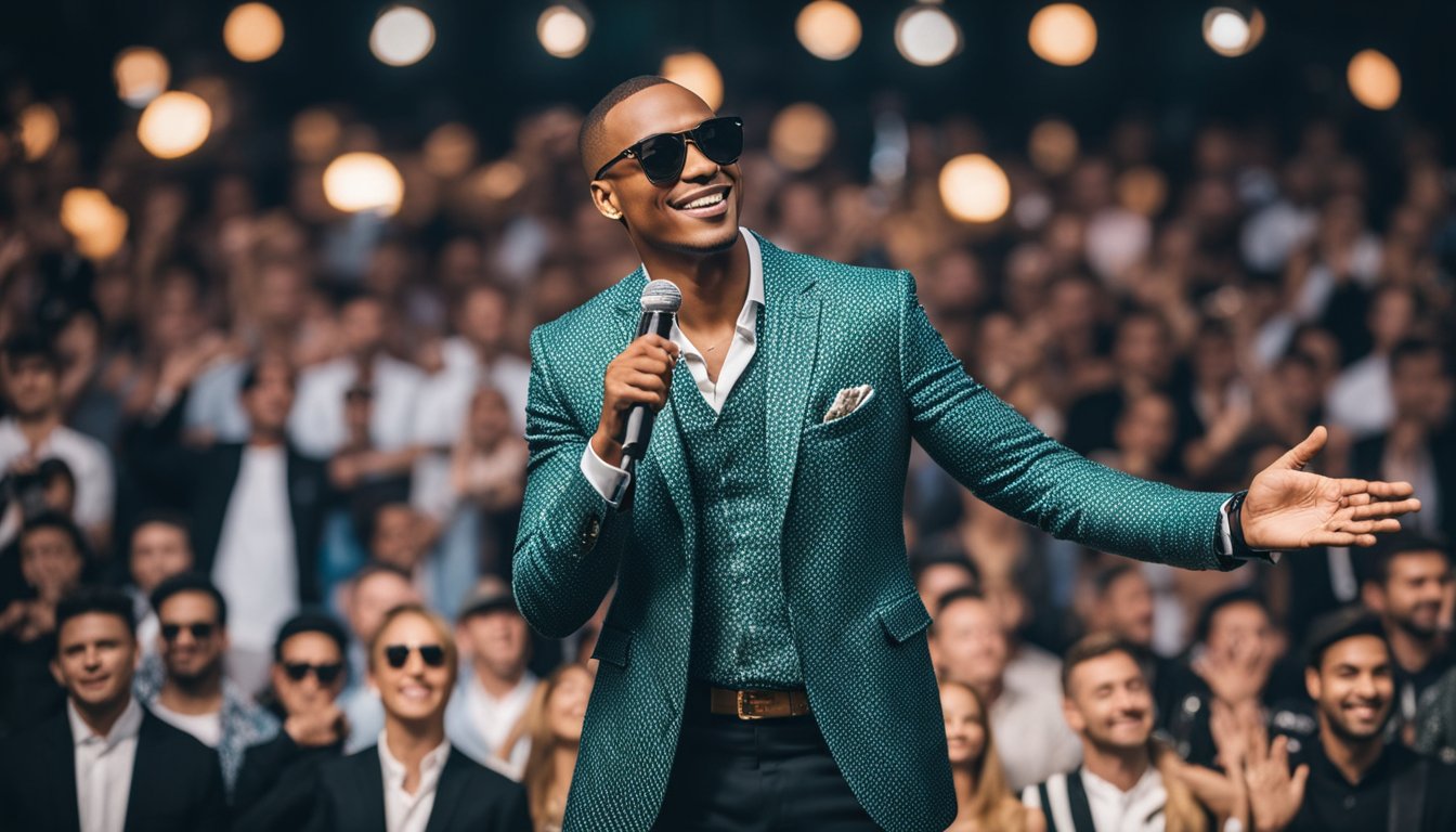 TI stands confidently on stage, microphone in hand, surrounded by adoring fans. His net worth is evident in the lavish set and designer clothing
