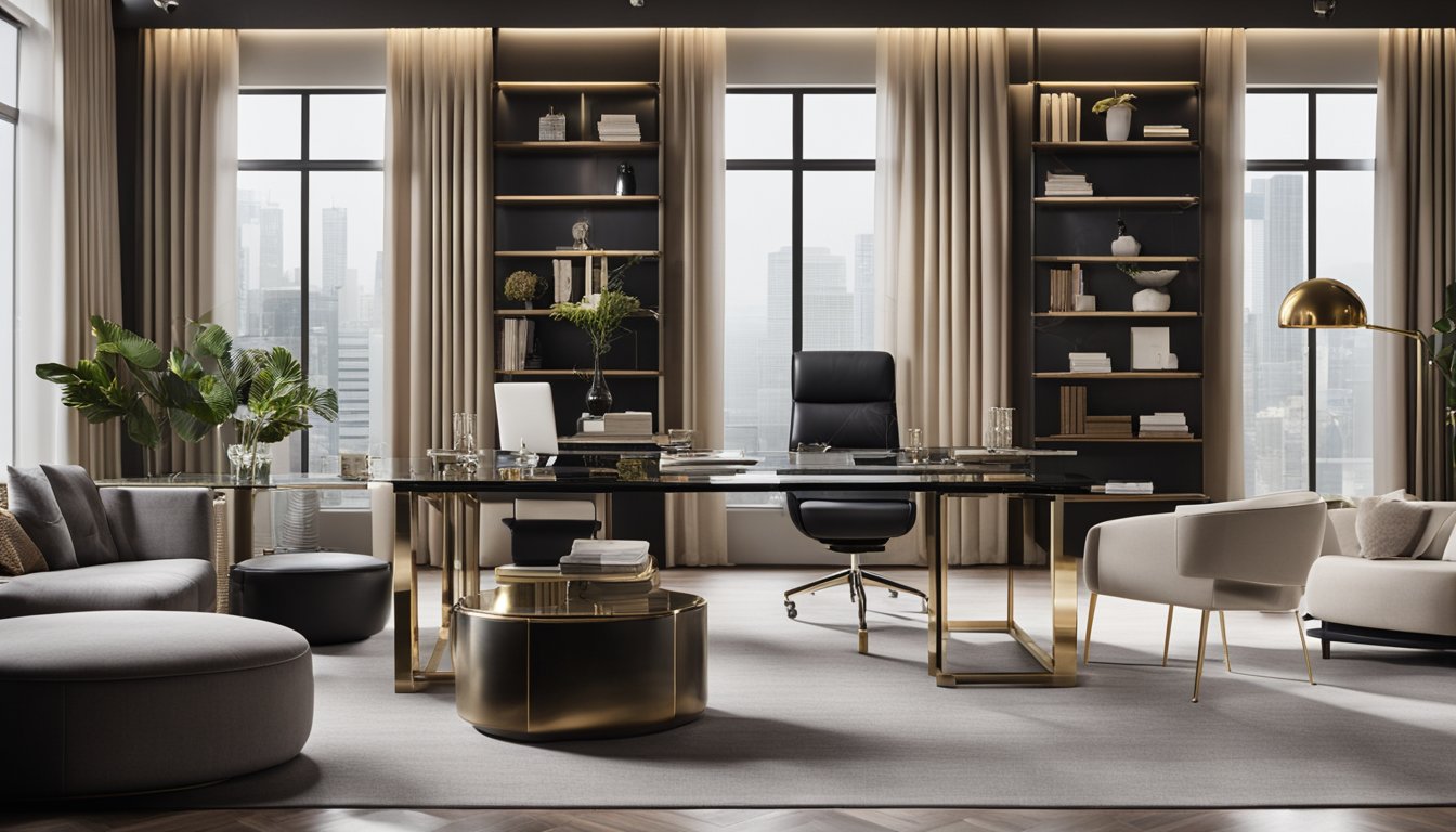 A luxurious office space with modern furniture and high-end fashion items displayed. The ambiance exudes success and sophistication, reflecting the entrepreneur's impressive net worth