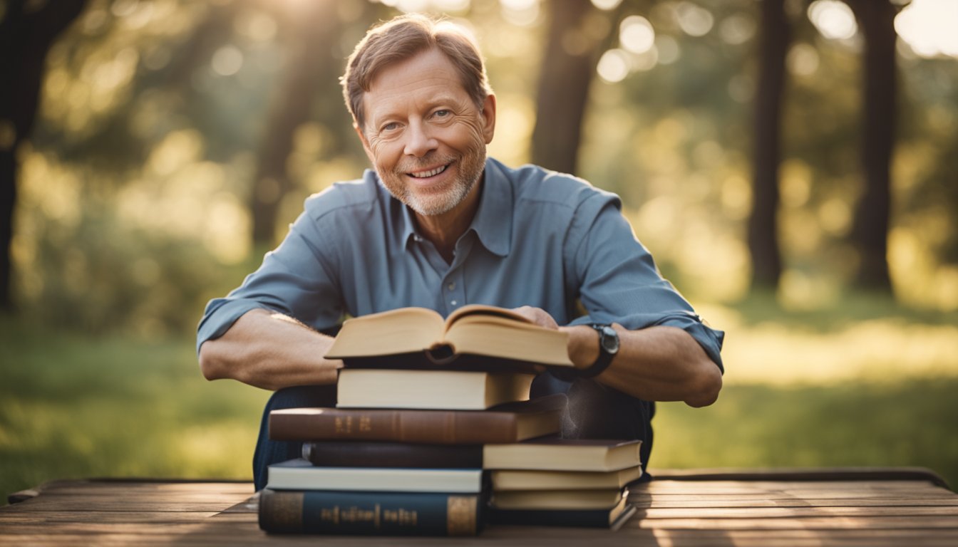 Eckhart Tolle's career and success depicted through a stack of bestselling books, a serene meditation space, and a peaceful natural setting, symbolizing his teachings and net worth
