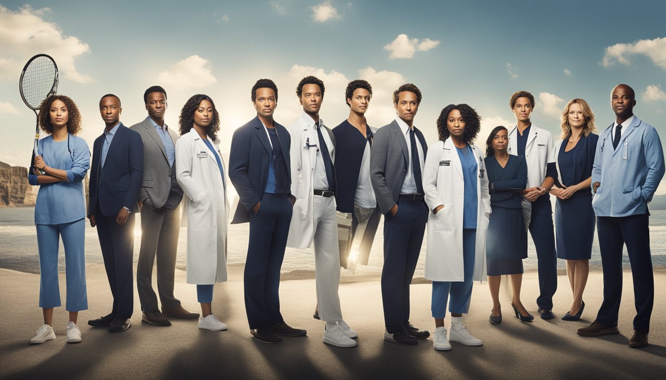 The Grey's Anatomy cast's net worth is illustrated with a group of actors standing together, each with a dollar sign above their heads representing their individual wealth