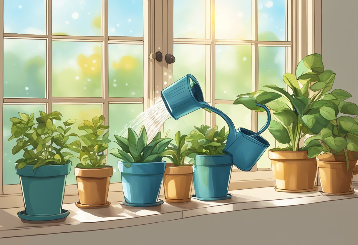 Watering can pouring water onto potted plants. Timer showing duration. Sunlight streaming through window