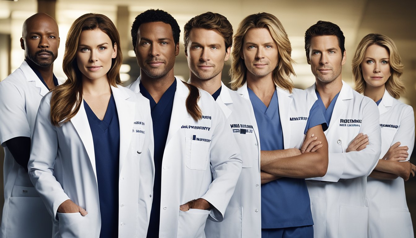 The Grey's Anatomy cast members stand together, each with a confident and determined expression. Their net worths are displayed in bold text above their heads, emphasizing their success and financial status