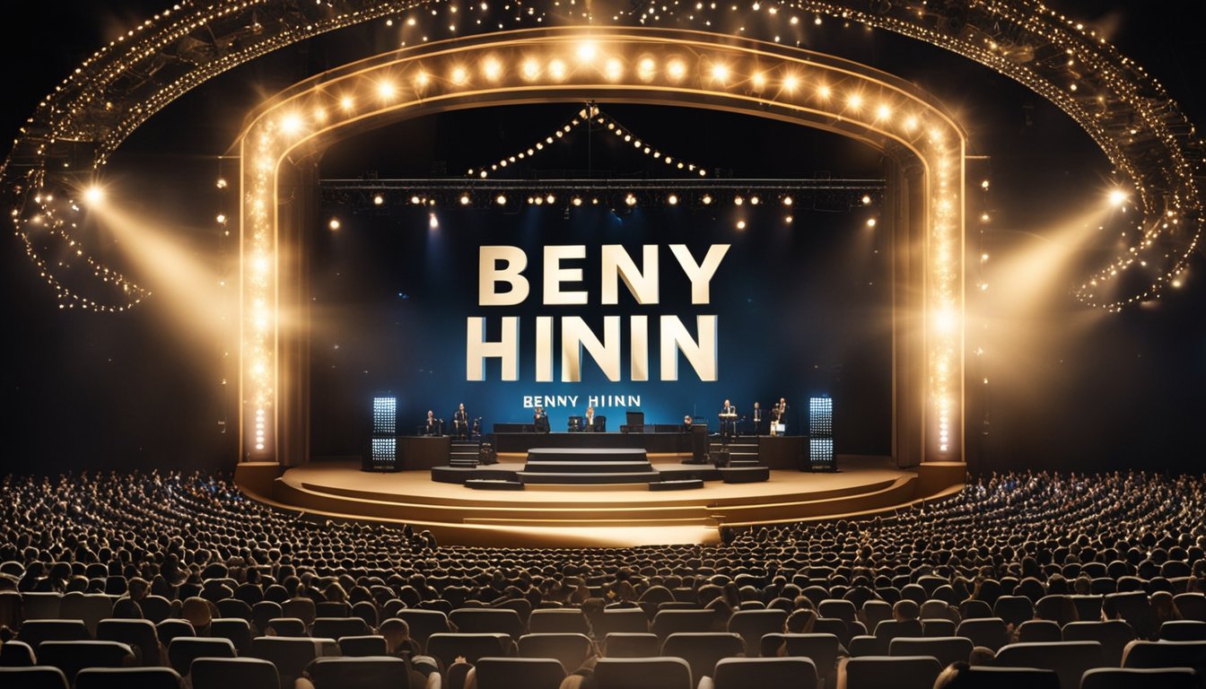 A grand stage with a large audience, lights shining on a podium with the words "Benny Hinn Net Worth" displayed prominently