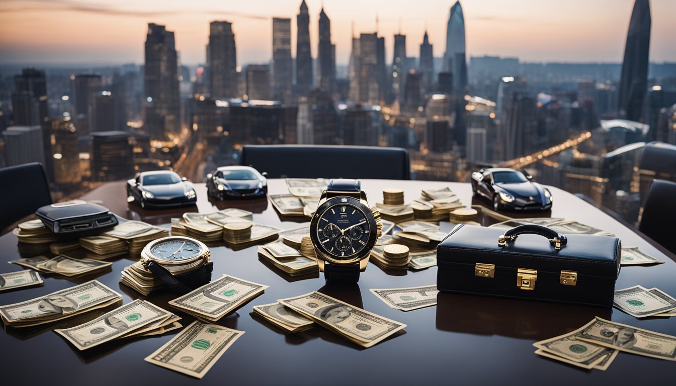 A table with stacks of money, briefcases, and expensive watches. A backdrop of a city skyline with high-rise buildings and luxury cars parked outside