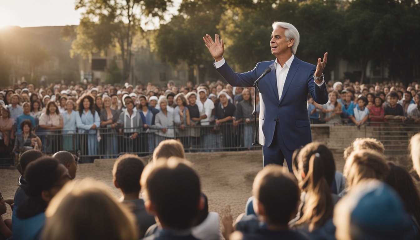 A young Benny Hinn passionately preaches to a small crowd, surrounded by humble surroundings and a sense of determination