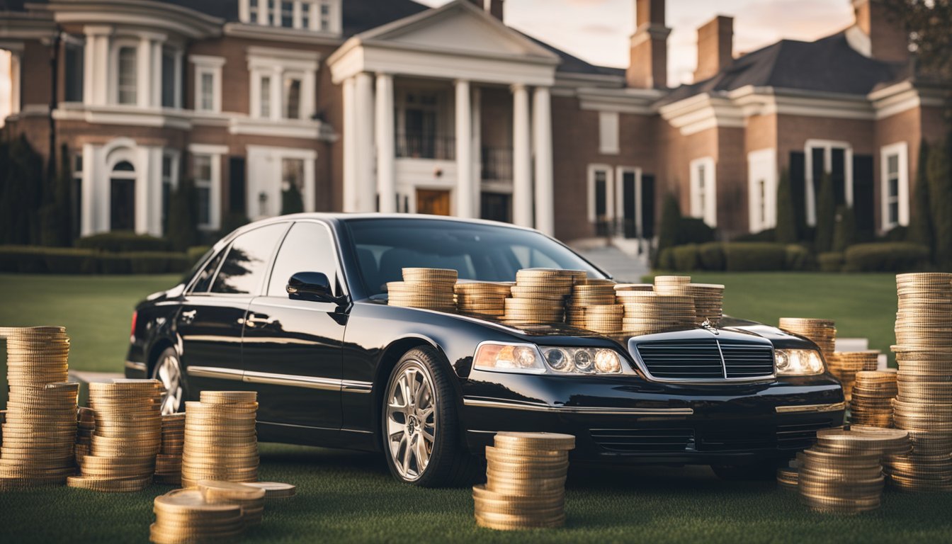A pile of money stacks, a luxurious car, and a grand mansion, symbolizing Andy Stanley's immense net worth