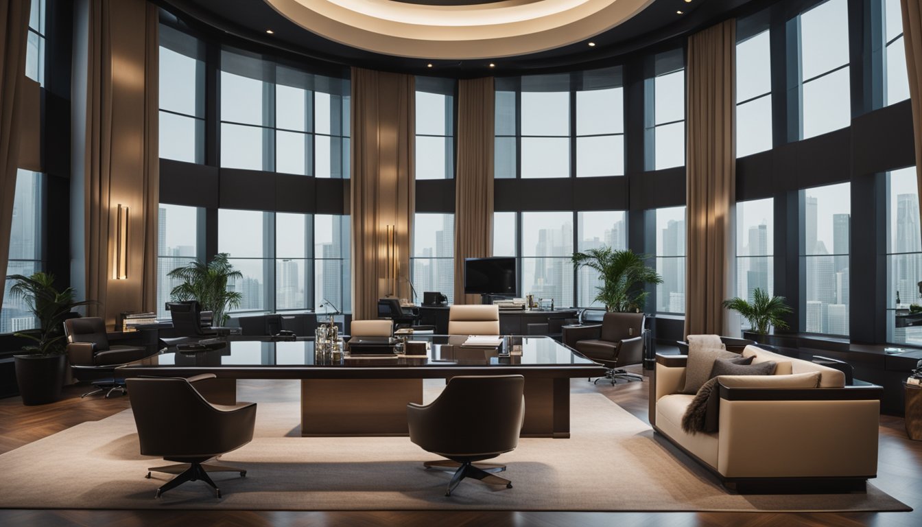 A luxurious office setting with expensive furniture and high-end technology, symbolizing wealth and success