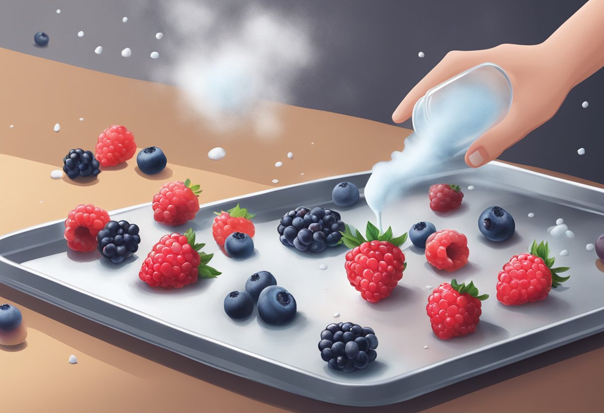 Berries sit on a baking sheet, spaced apart. A hand pours liquid nitrogen over them, creating a frosty layer