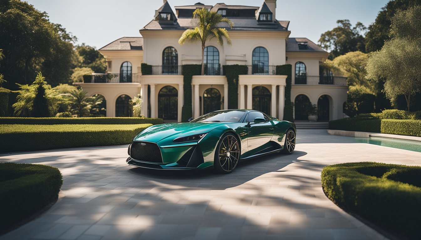 A luxurious mansion with a sleek sports car parked in the driveway, surrounded by lush greenery and a sparkling swimming pool