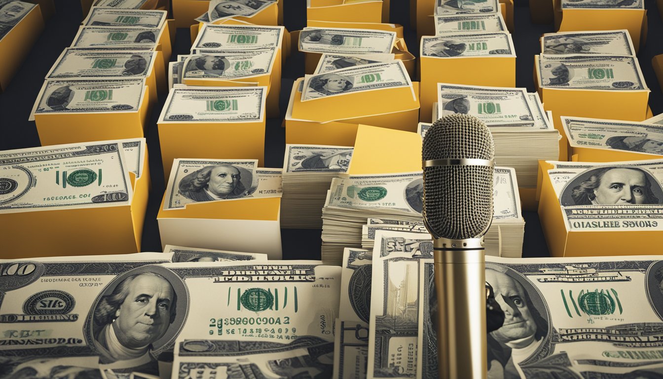 Gabby Barrett's success illustrated through a stack of money, a chart trending upwards, and a microphone on stage