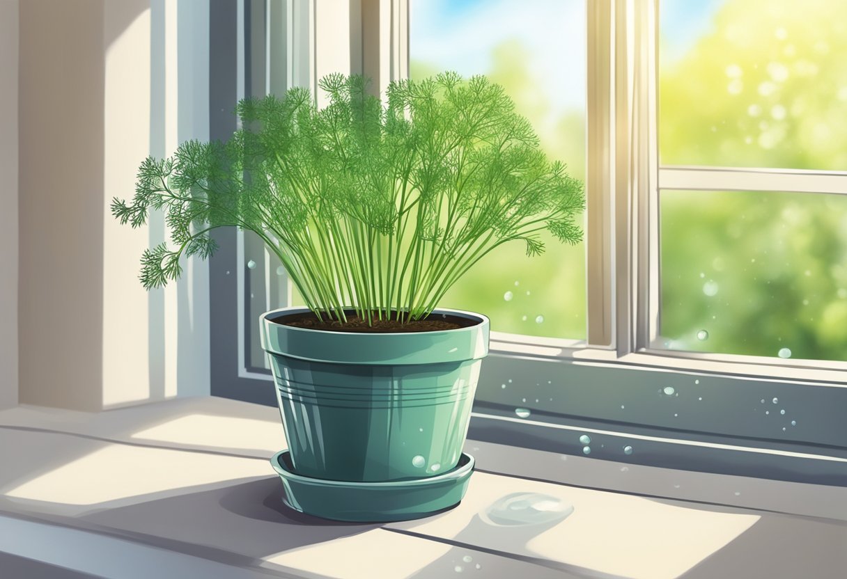 A small pot of dill sits on a sunny windowsill, with droplets of water glistening on its leaves, indicating recent watering