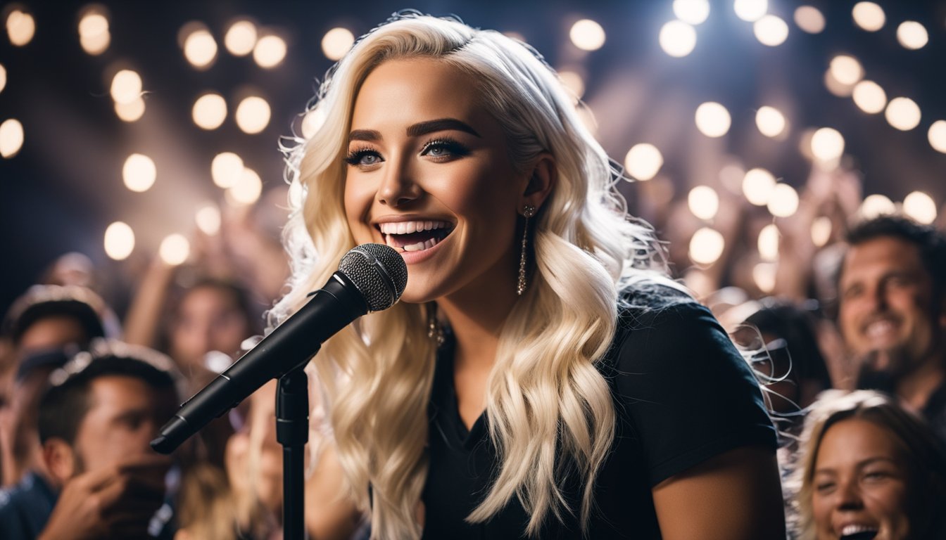 Gabby Barrett's rise to fame: a spotlight shining on a microphone, surrounded by cheering fans and a chart-topping album
