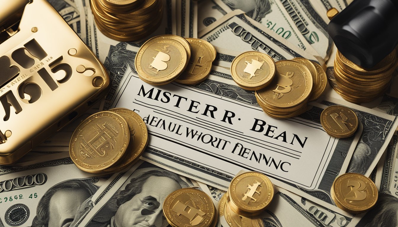 A pile of money and luxury items surrounds a nameplate reading "Mister Bean Net Worth."