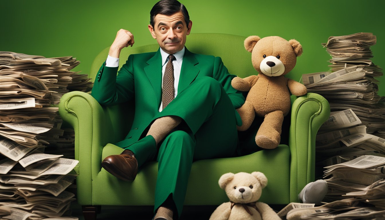 Mr. Bean sits in his iconic green armchair, surrounded by scattered newspapers and a teddy bear. His expressive face shows a mix of mischief and innocence