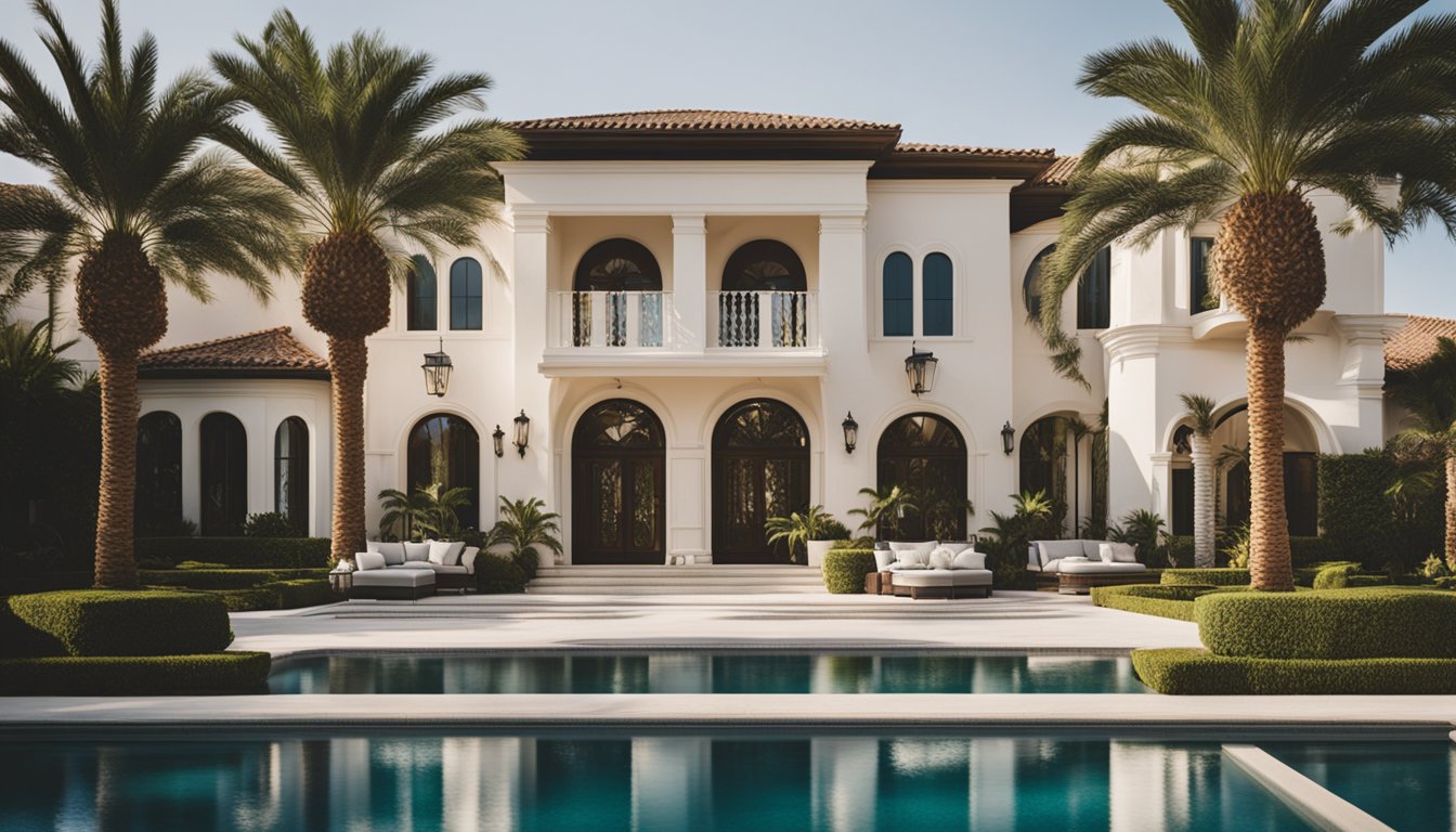 A luxurious mansion with a sprawling estate, expensive cars parked in the driveway, and a private pool surrounded by palm trees