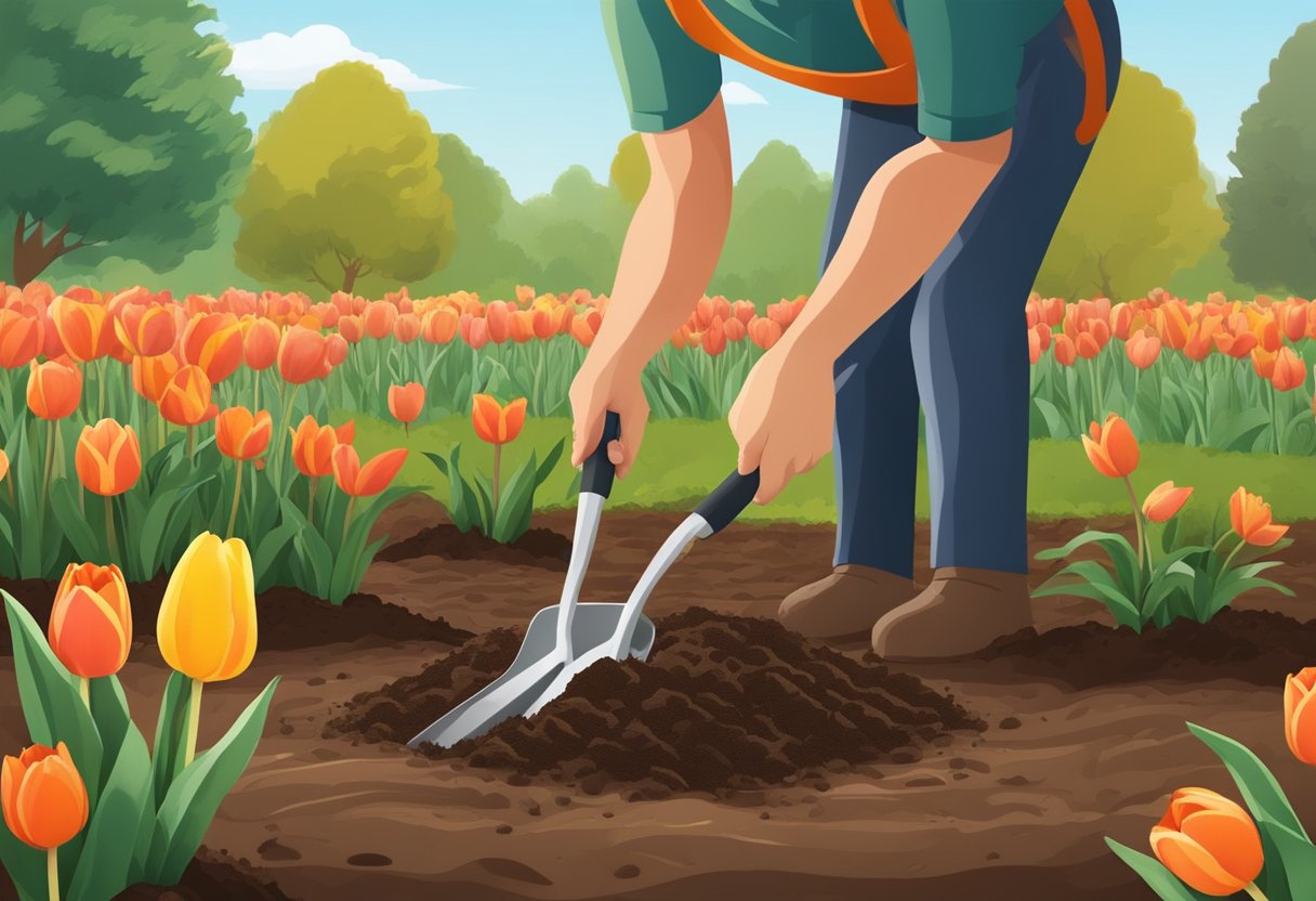 A hand trowel digs into the rich soil, placing tulip bulbs at the recommended depth. Leaves fall from nearby trees, signaling the arrival of autumn