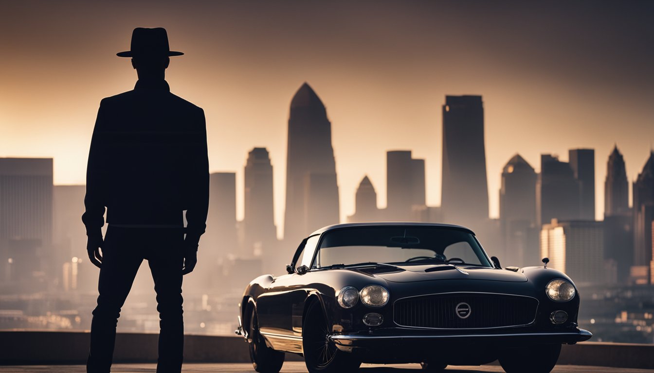 21 Savage's silhouette stands against a city skyline, with a stack of money and a luxury car in the background