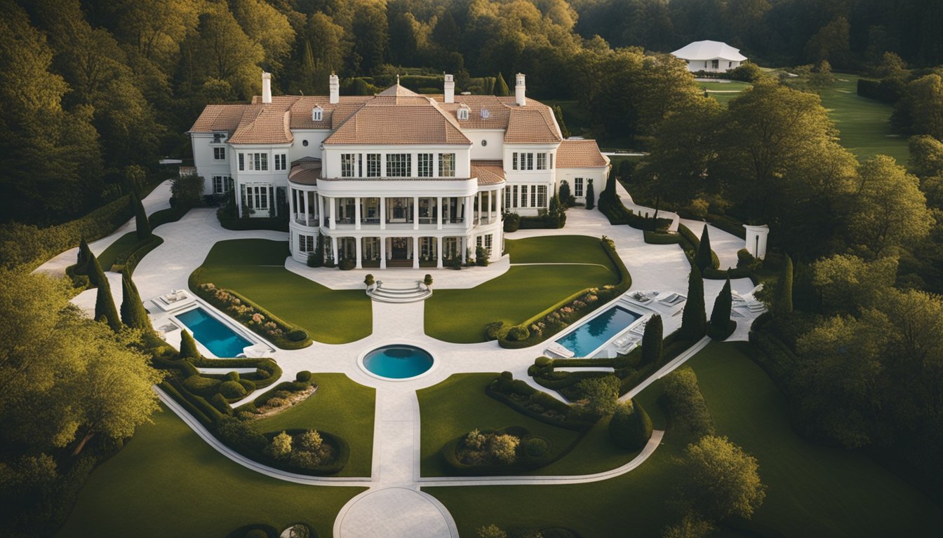 A lavish mansion with a sprawling estate, luxury cars parked in the driveway, and a private helipad on the grounds