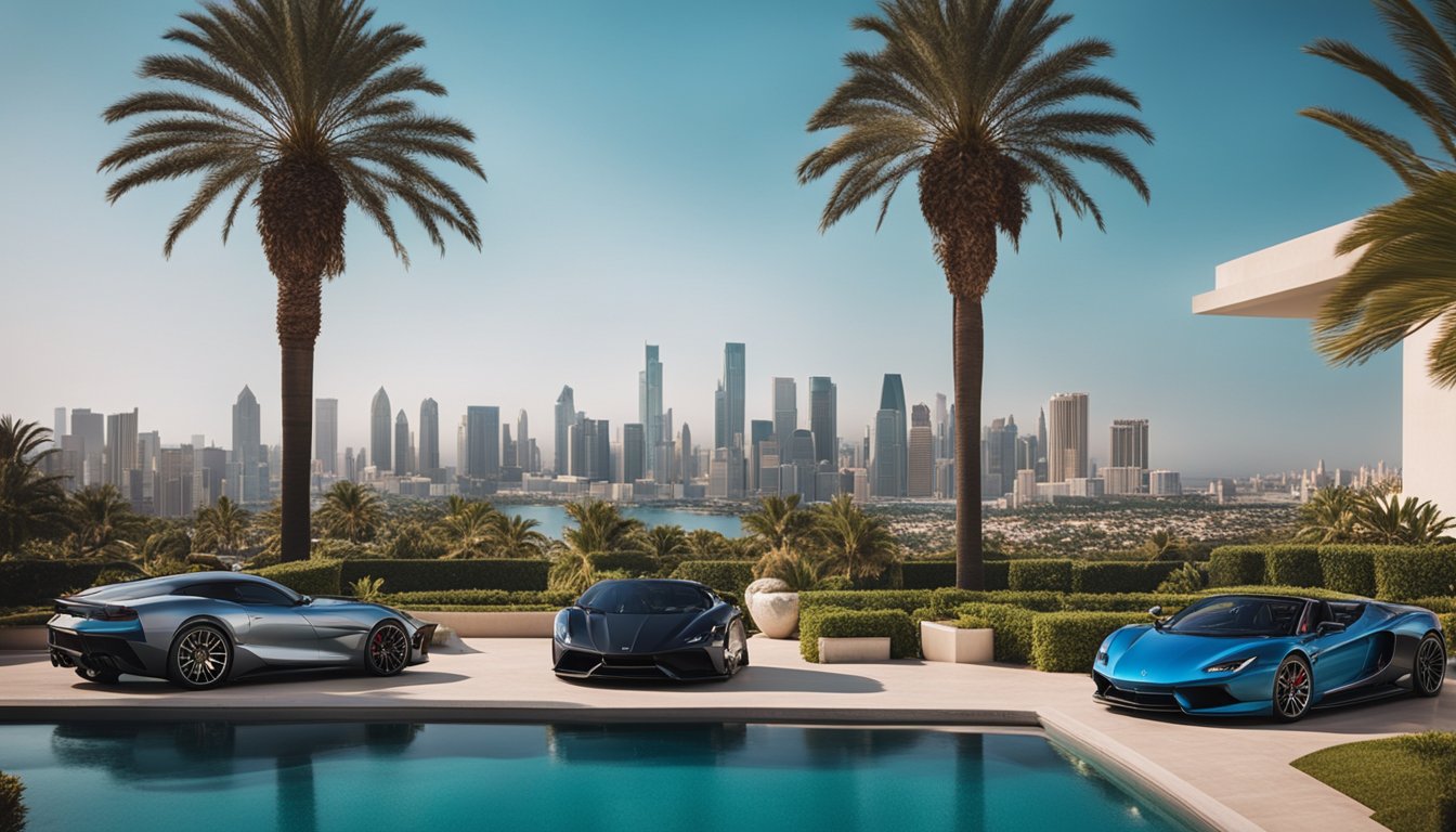 A luxurious mansion with a lavish pool and sleek sports cars parked outside, surrounded by palm trees and a stunning view of the city skyline