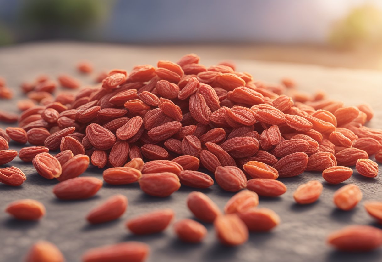 Goji berries spread on a clean, dry surface under the sun. They are left to air dry until they become shriveled and slightly chewy