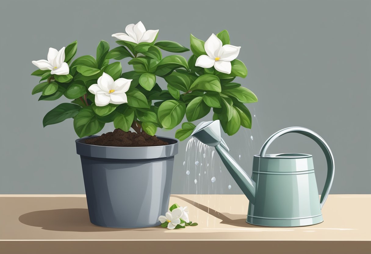 A gardenia plant sits in a pot, surrounded by moist soil. A small watering can pours water onto the soil, providing the plant with the perfect amount of hydration