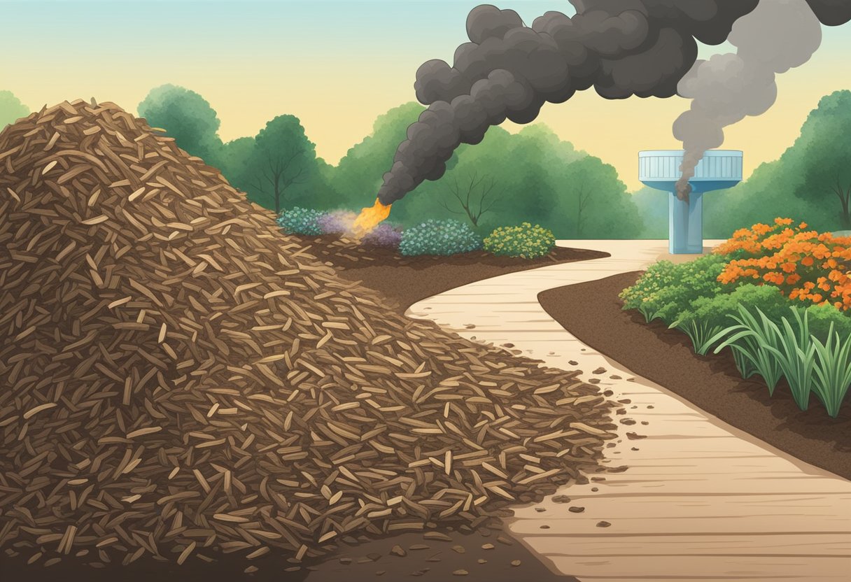Mulch sits in sun, air, and water. Bacteria break down odor-causing compounds. Illustrate steam rising from mulch pile