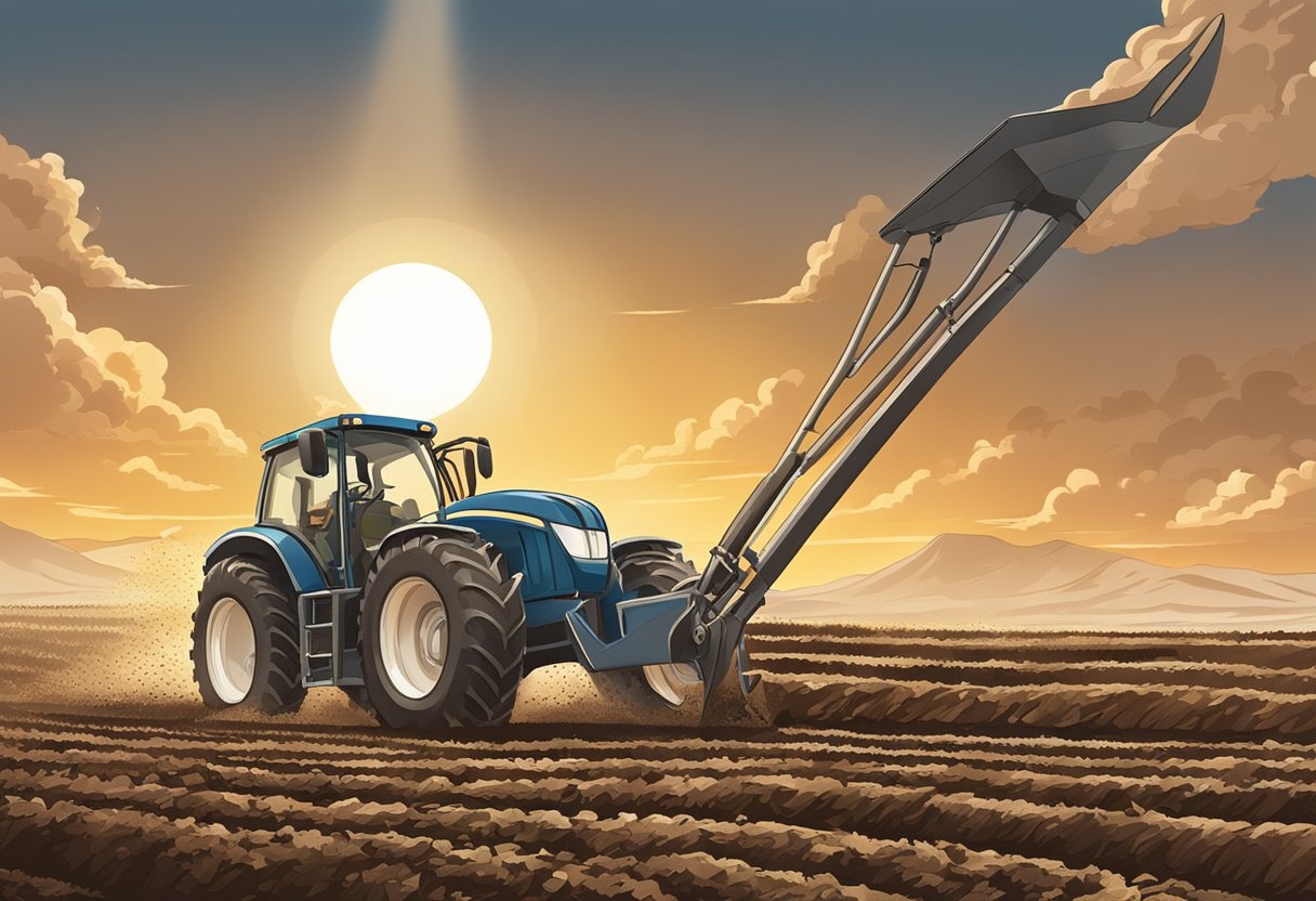 A person pulls a manual plow through the soil, breaking it up for planting. The sun shines overhead as the plow cuts through the earth