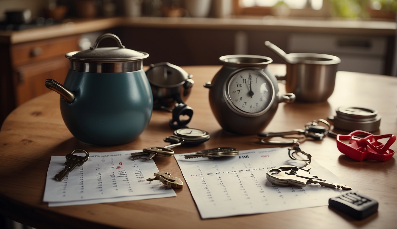 A cluttered kitchen table with a forgotten pot boiling over, a lost set of keys, and a calendar with important dates circled in red