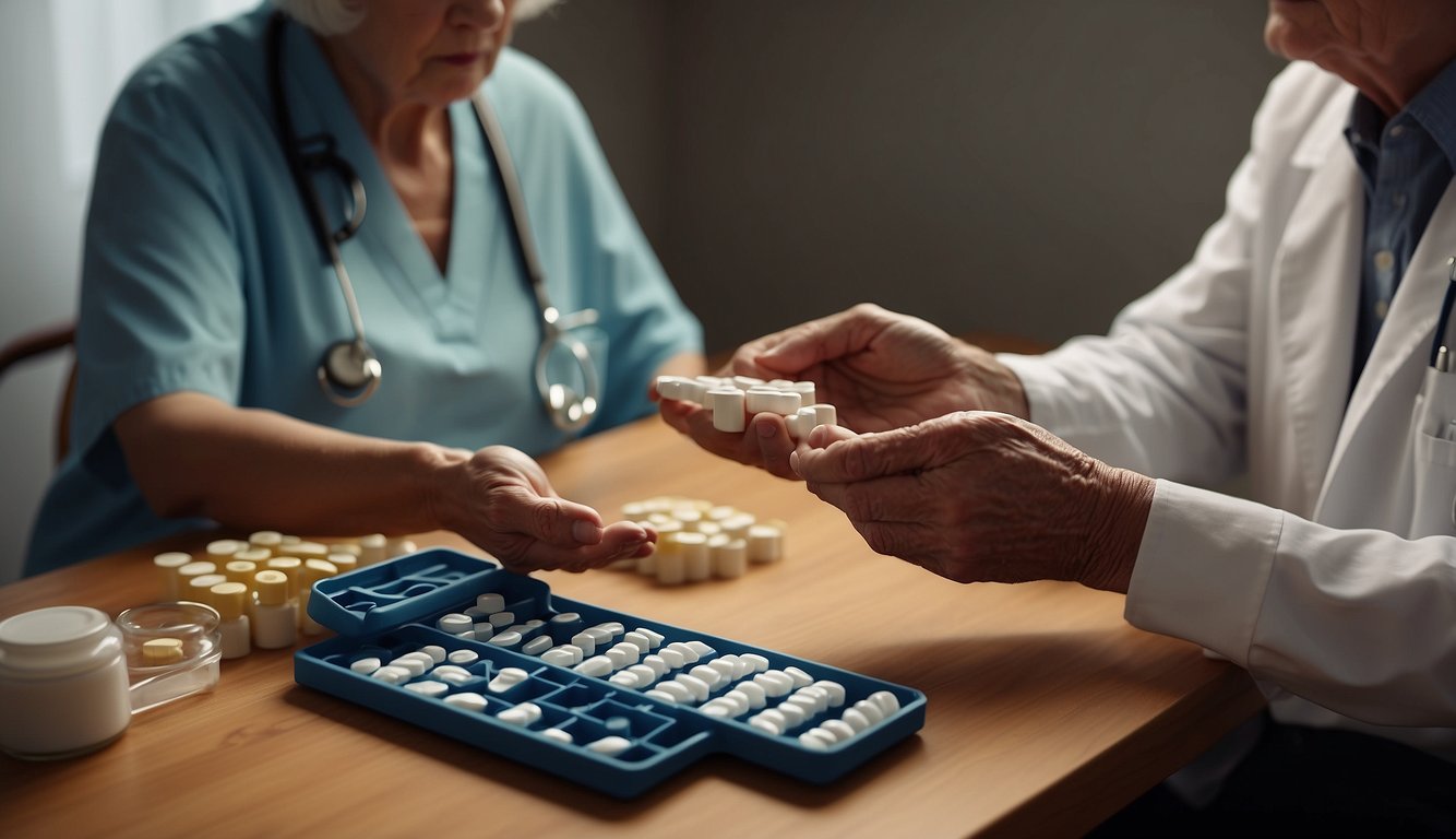 A caregiver hands a pill organizer to a senior with Alzheimer's, while a doctor explains a treatment plan