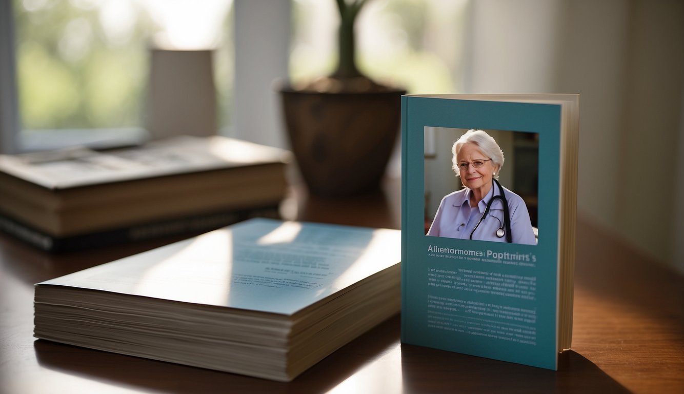 A stack of informational pamphlets on Alzheimer's Disease, with a concerned family member reading one