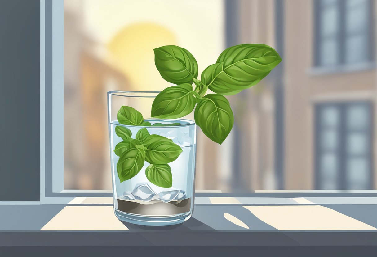 Fresh basil in a glass of water on a sunny windowsill, with roots submerged and leaves above water level