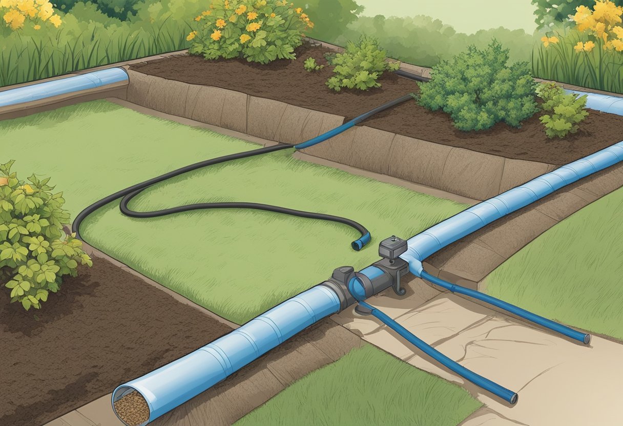 A soaker hose is laid out along the garden bed, connected to a water source. It is buried under a layer of mulch to ensure even water distribution