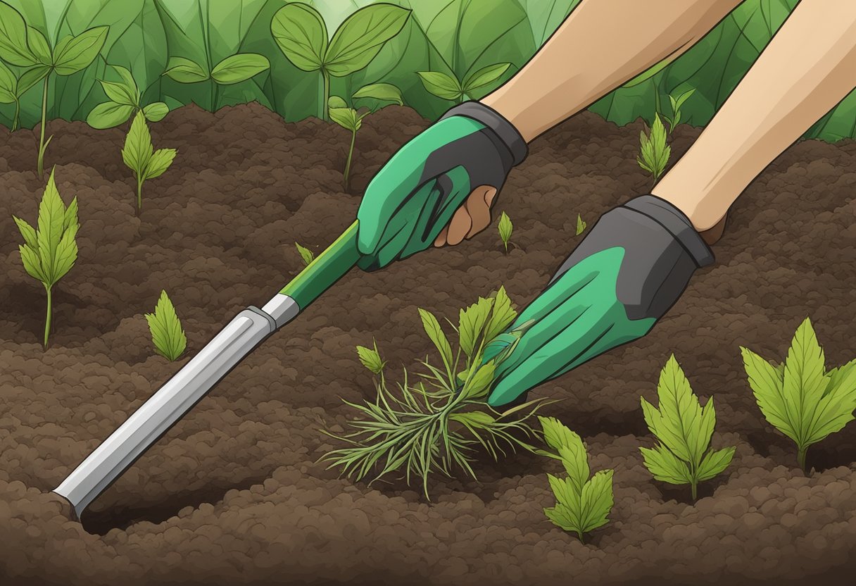 A hand weeder is pushed into the soil next to a weed. The handle is then twisted to loosen the weed's roots, which can then be pulled out easily
